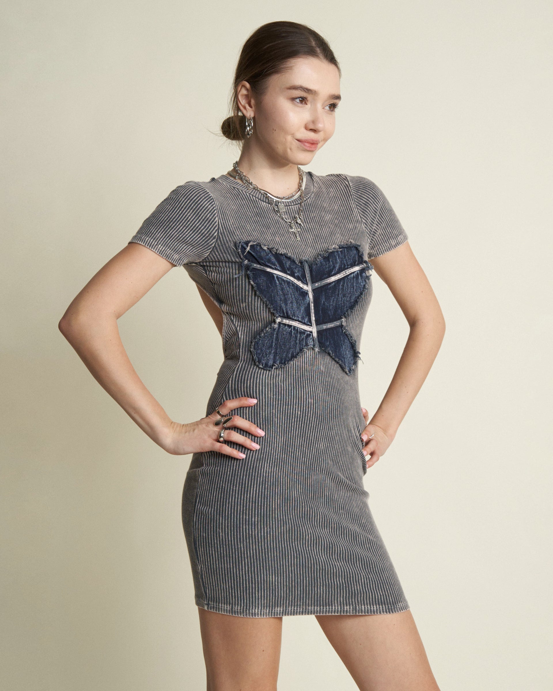 DENIM BUTTERFLY MINI DRESS