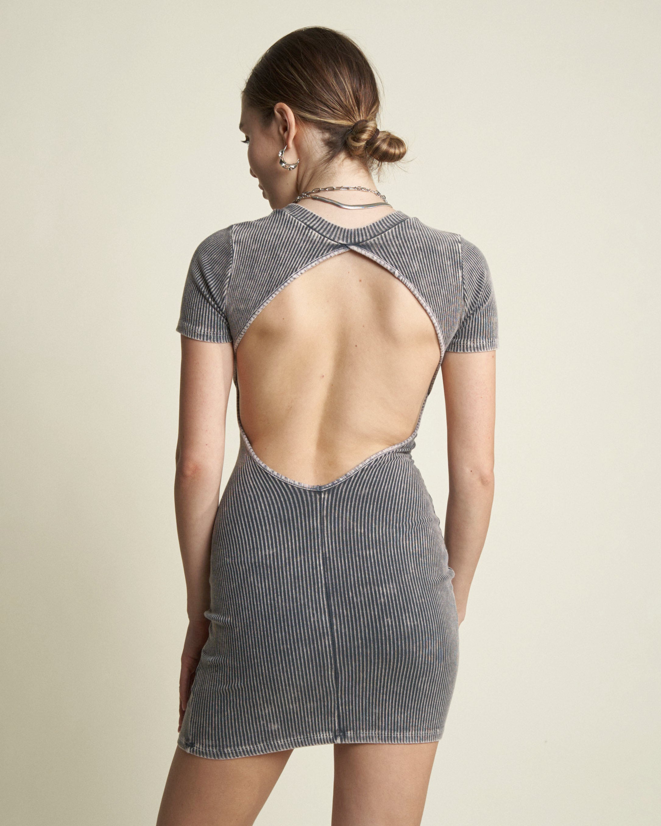 DENIM BUTTERFLY MINI DRESS - ACID CHARCOAL TREAT DENIM BUTTERFLY MINI DRESS - ACID CHARCOAL TREAT