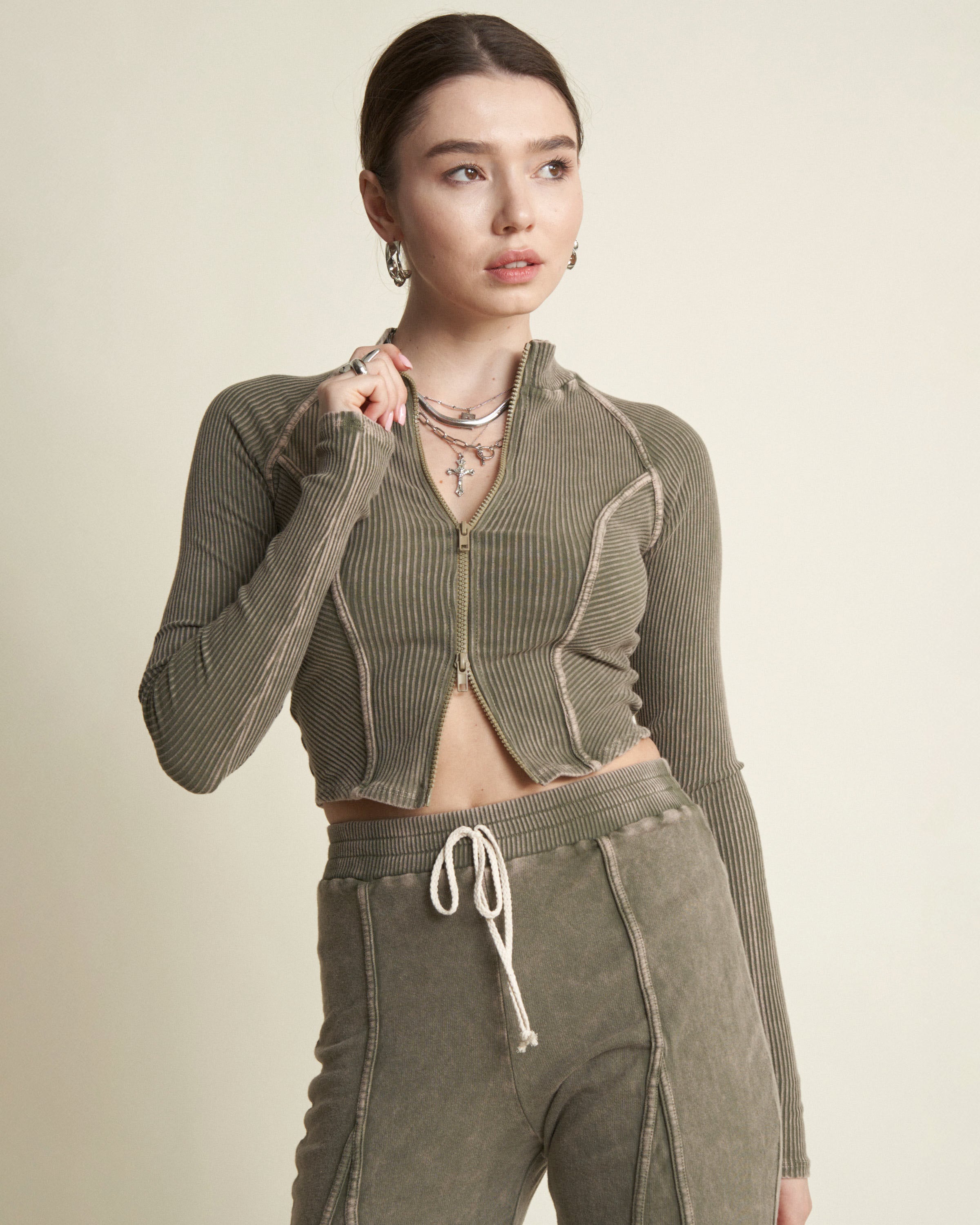 2-WAY ZIP SWEATSUIT SET - OLIVE